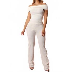 NEW YELLOW CABBAGE ribbed off shoulder jumpsuit in white